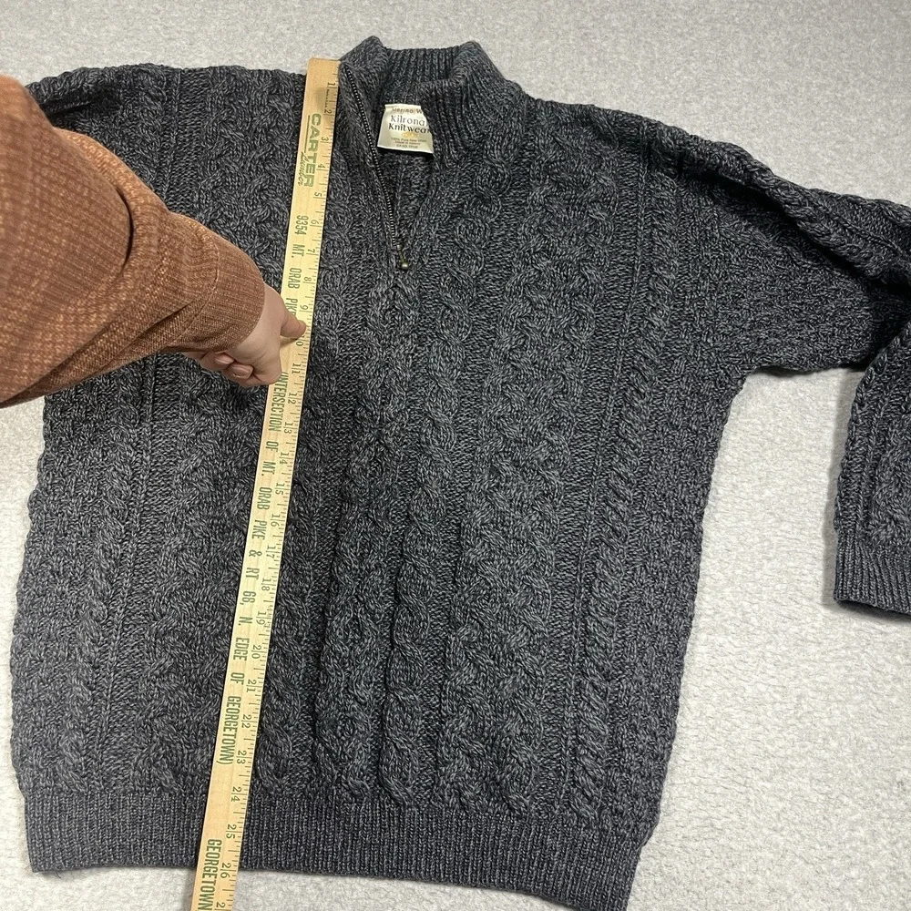 Kilronan Sweater Mens Medium Gray Cable Knit Fisherman 1/4 Zip 100% Merino Wool